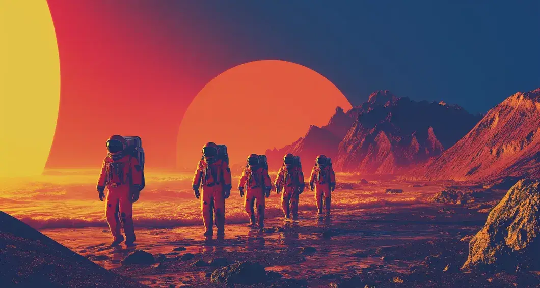 Astronauten auf einer futuristischen Reise durch eine abstrakte Landschaft