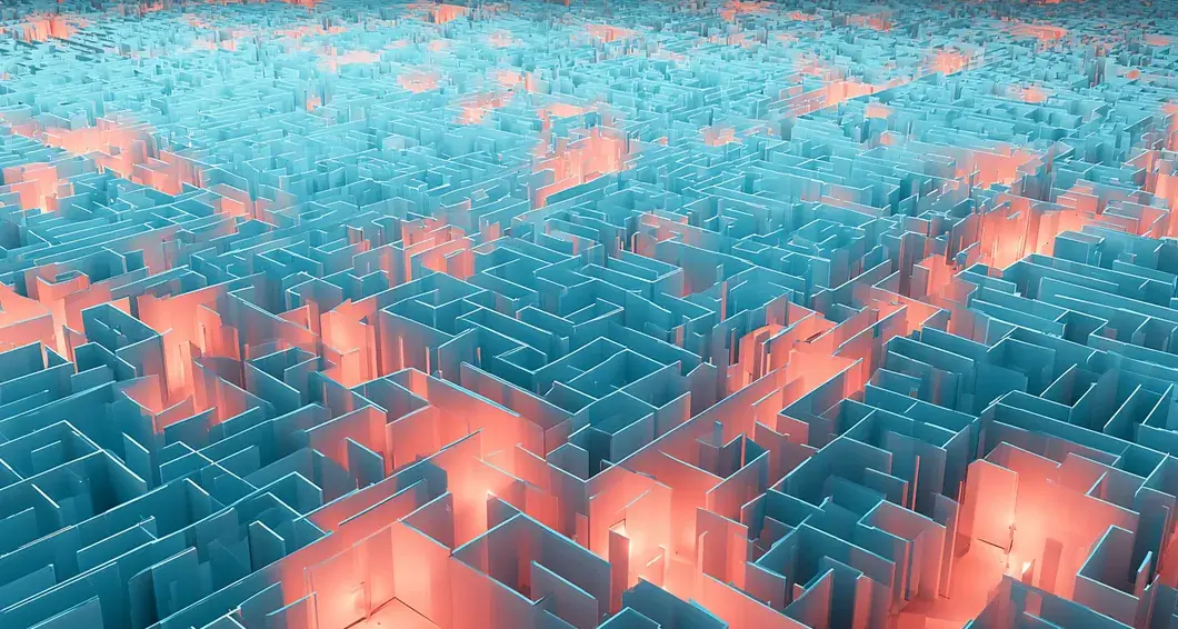 Ein komplexes Labyrinth aus blau und rosa neonbeleuchteten Wänden, das eine abstrakte, futuristische Landschaft aus geometrischen Mustern bildet.
