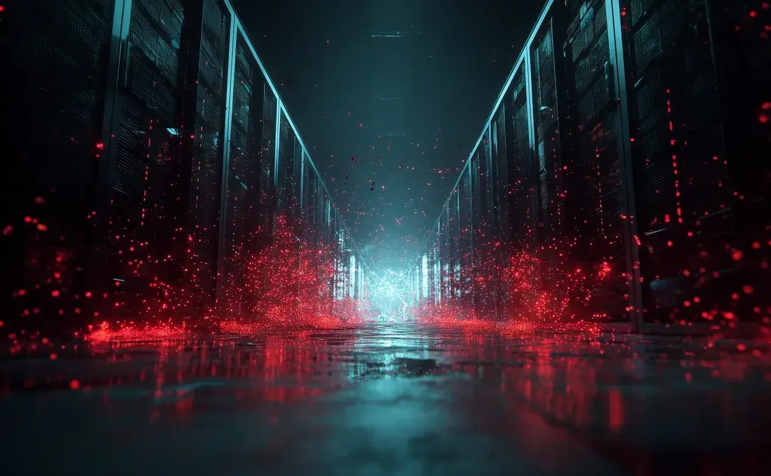 Ein futuristischer Serverraum mit Reihen von Servern, die von roten und blauen Lichtern beleuchtet werden und einen Schimmer auf schwebende rote Partikel werfen.